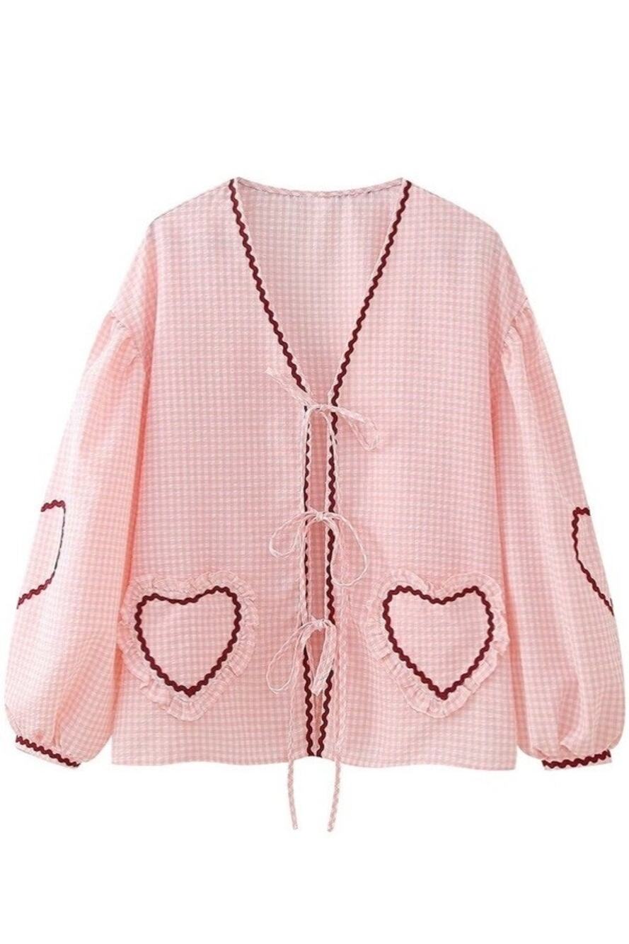 Sunday Up Top Medium Plaid Heart Print Long Sleeve Babydoll Tie Blouse Gingham